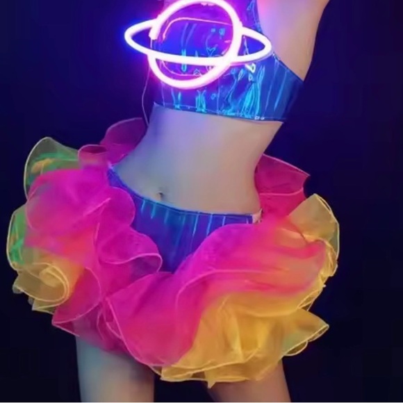 Holographic LED Light Up Planet Crop Pink, Blue Yellow Tulle Tutu Mini Dress Set - Picture 4 of 8